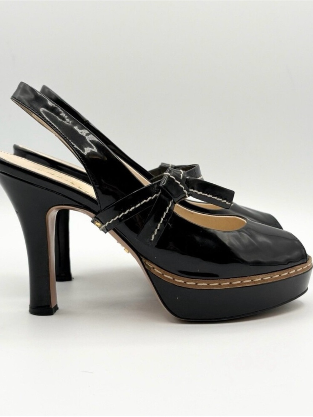 Prada S/S 2009 Black Patent Leather Heels Ribbon Detail Peep Toe Sz EU 34.5
